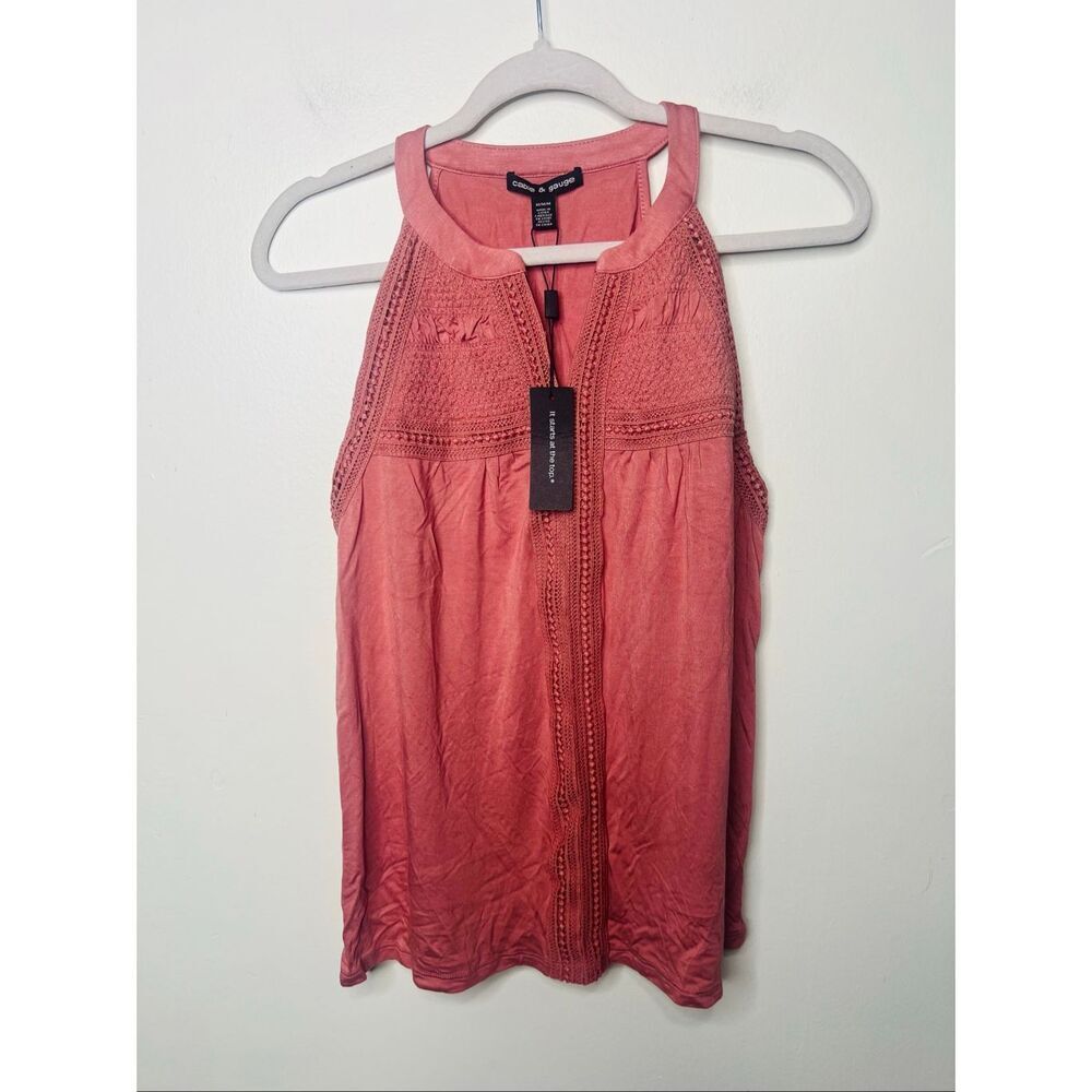 Cable & Gauge Muted Pink Mauve Tank Top High Neck Embroidered Yoke NWT Sz M